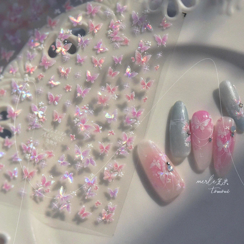 Shiny Butterfly White Pink Purple Romantic Animals Retro Photo Frame Chic Delicate Adhesive Nail Art Stickers 5D Manicure Decals (ONLINE ORDER ONLY)