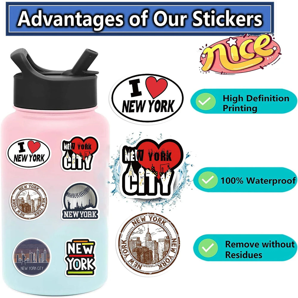 50Pcs New York Stickers America Kawaii Cartoon Decal For Skateboard Bicycle Guitar Laptop Kids Waterproof Stiker Toys (ONLINE ORDER ONLY)