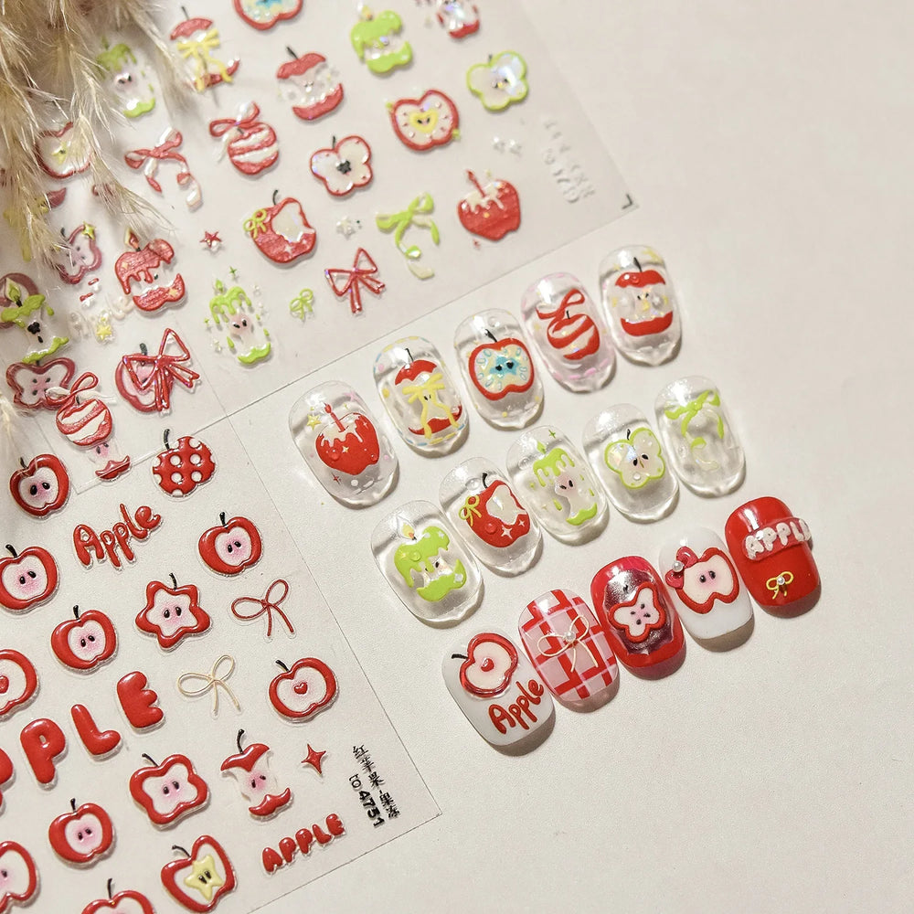Shiny Attractive Apple Core Peel Cute Fruits Bowknot Tie Star Self Adhesive Nail Art Stickers Charming Rhinestone Manicure Decal (ONLINE ORDER ONLY)