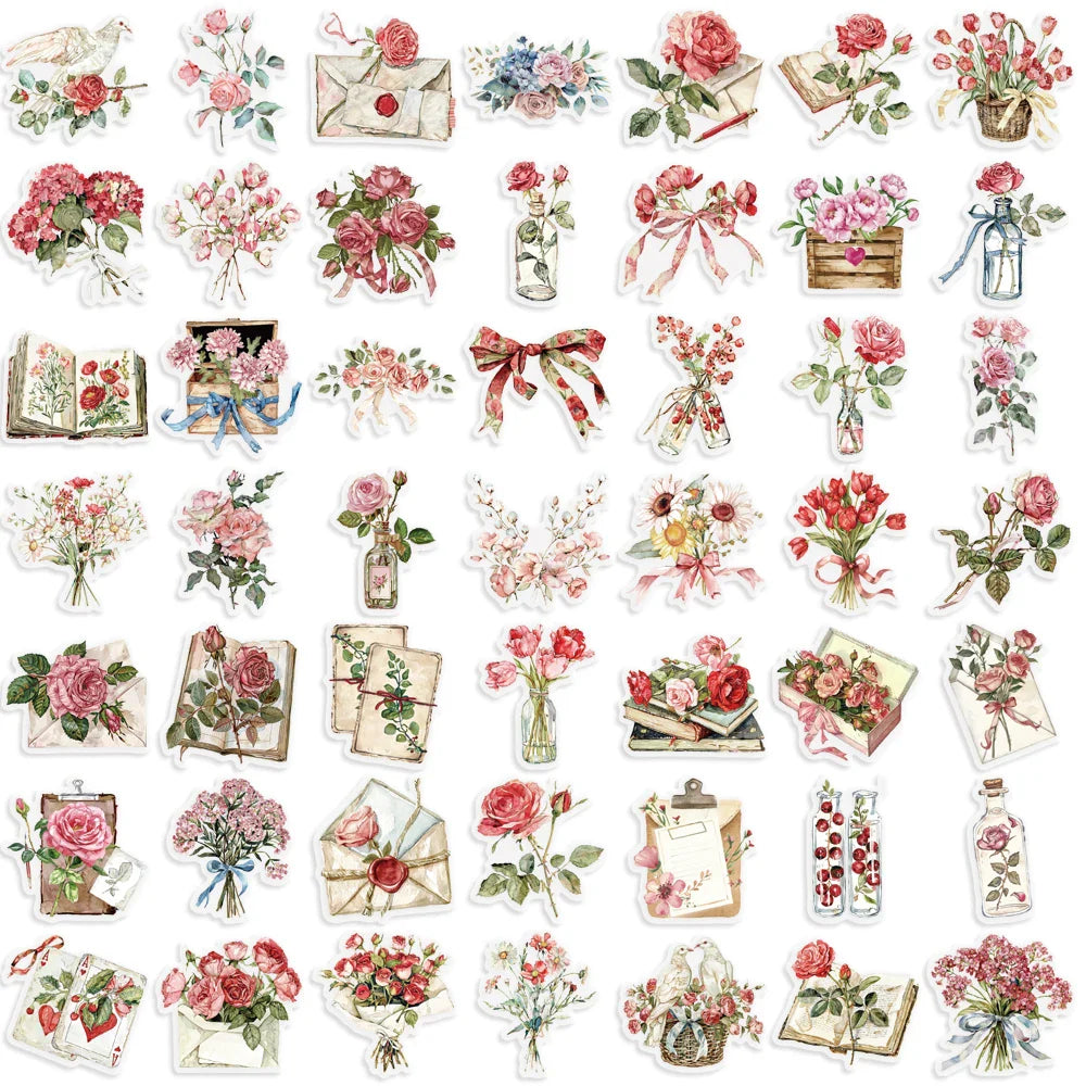 50pcs Flowers and Letters Cartoon Graffiti Stickers DIY Phone Guitar Laptop Notebook Suitcase PET Waterproof Sticker Kids Toy﻿ (Online Order Only)