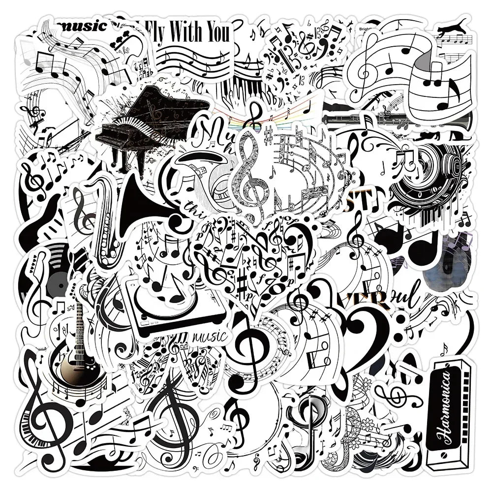 10/53Pcs Black White Music Note Graffiti Sticker DIY Waterproof Piano Phone Case Notebook Guitar Car Bike Wall Graffiti Decals (ONLINE ORDER ONLY)