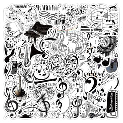 10/53Pcs Black White Music Note Graffiti Sticker DIY Waterproof Piano Phone Case Notebook Guitar Car Bike Wall Graffiti Decals (ONLINE ORDER ONLY)
