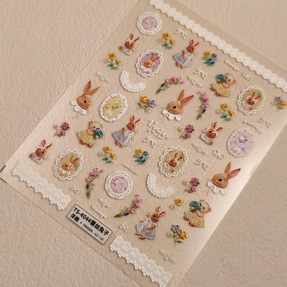 Rabbit Bunny Bear Flower Lace Bowknot Retro Frame Rose Self Adhesive Nail Art Decoration Stickers Chic Manicure Decals Wholesale (ONLINE ORDER ONLY)