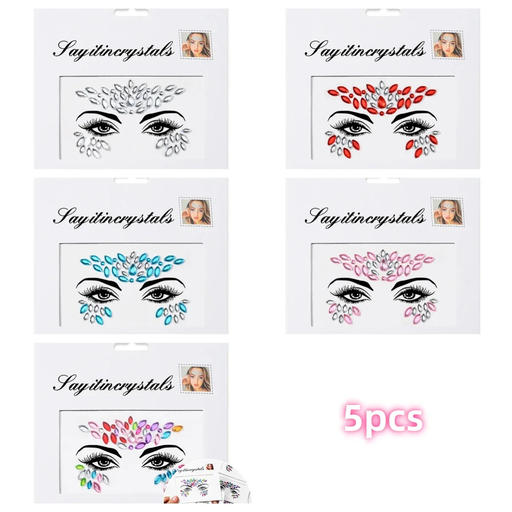 5Pcs Coloful Glitter Face Jewelry Sticker Crystal Eye Body Face Jewels Bady Makeup Tools Temporary Self-Adhesive Nail Rhinestone (ONLINE ORDER ONLY)