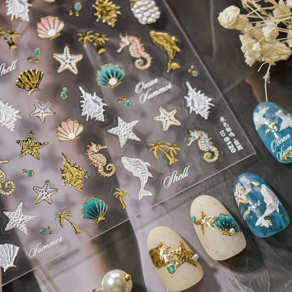 Hot Stamping Seahorse Dolphin Shell Conch Starfish Coconut Tree Jackfruit Water Bubbles Ocean Nail Art Stickers Manicure Decals (ONLINE ORDER ONLY)