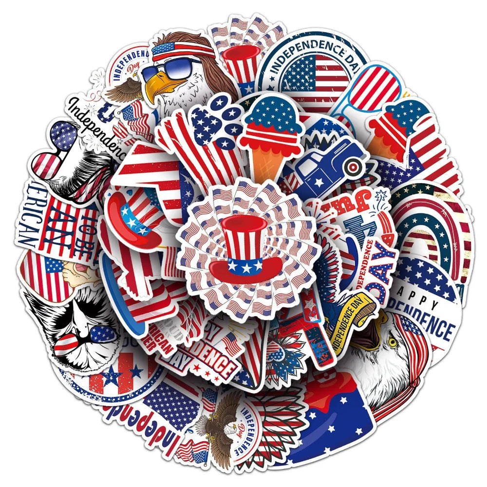10/50Pcs American Flag Independence Day Cool Stickers Laptop Guitar Luggage Phone Waterproof Graffiti Sticker Decal Kid Toys (ONLINE ORDER ONLY)