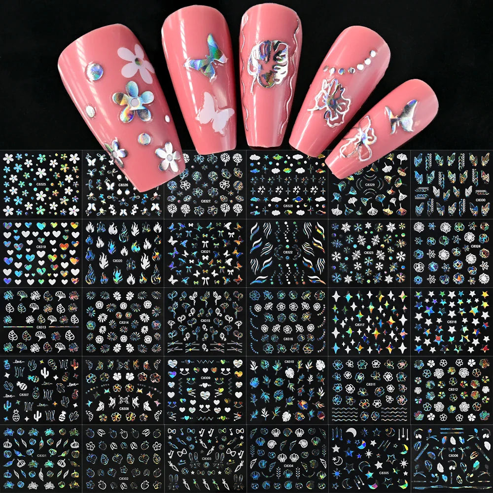 30Pcs Laser Silver/White Flowers Hearts Nail Sticker Star/Moon Mixed Shapes Design Self-adhesive Sticker Acrylic Manicure Access (Online Order Only)
