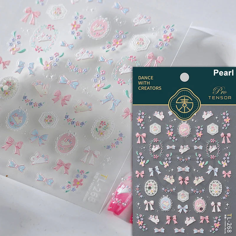 Pink Running Rabbit Bowknot Wreath Bunny Flower Tie Totem Pattern Self Adhesive Nail Art Sticker Pearl Rhinestone Manicure Decal (Online Order Only)