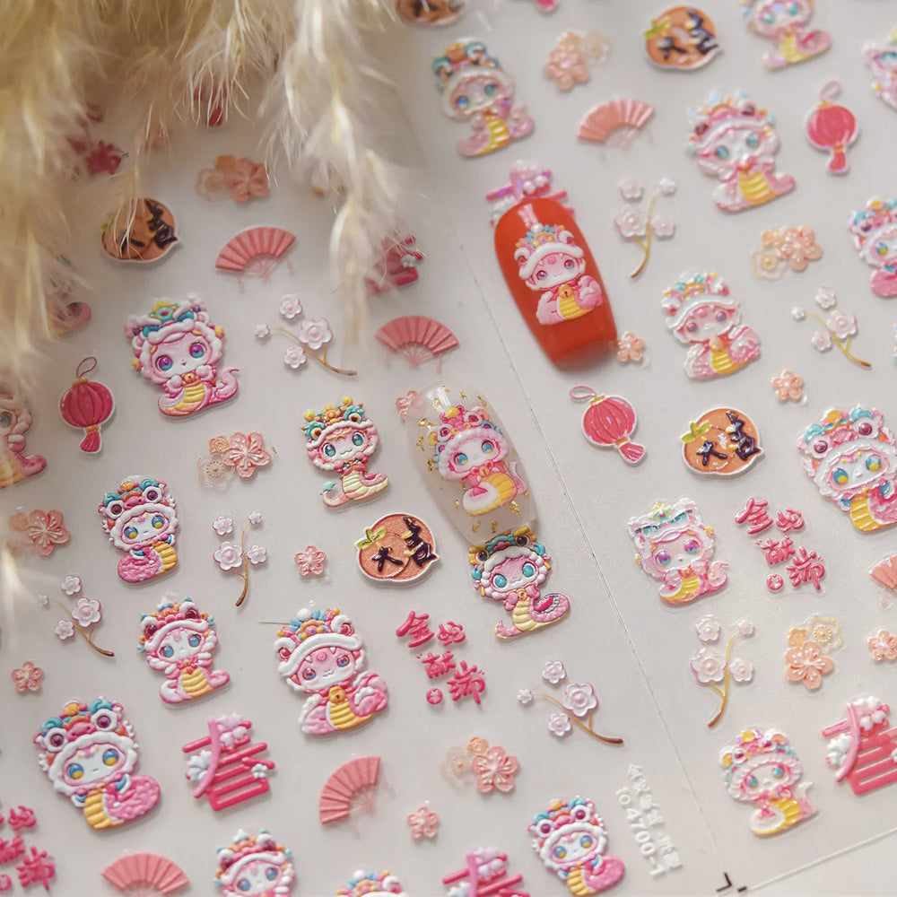 Auspicious Peach Blossom Snake Fan Flower The Spring Festival Tiger Head Adhesive Nail Art Stickers Red Lantern Manicure Decals (Online Order Only)