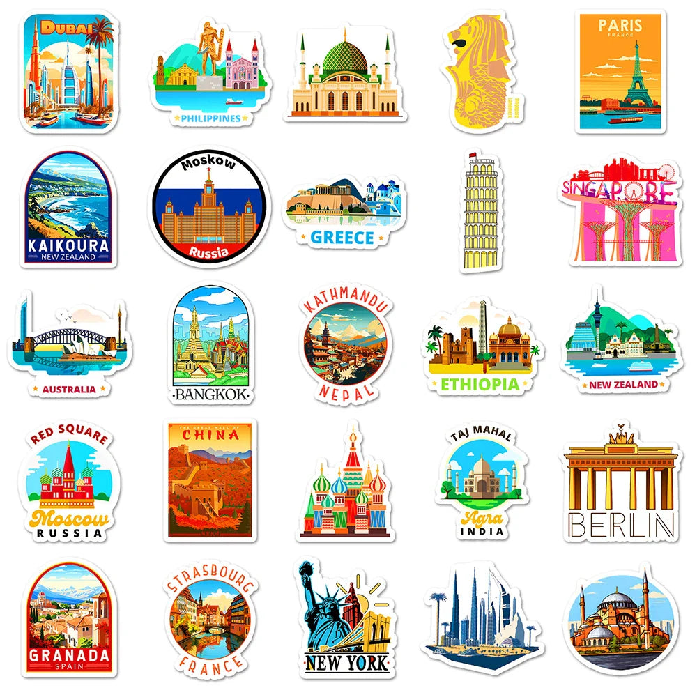 10/30/50pcs Travel City Landmark Building Cartoon Stickers Fridge Laptop Phone Notebook Skateboard Fridge Funny Graffiti Sticker (Online Order Only)