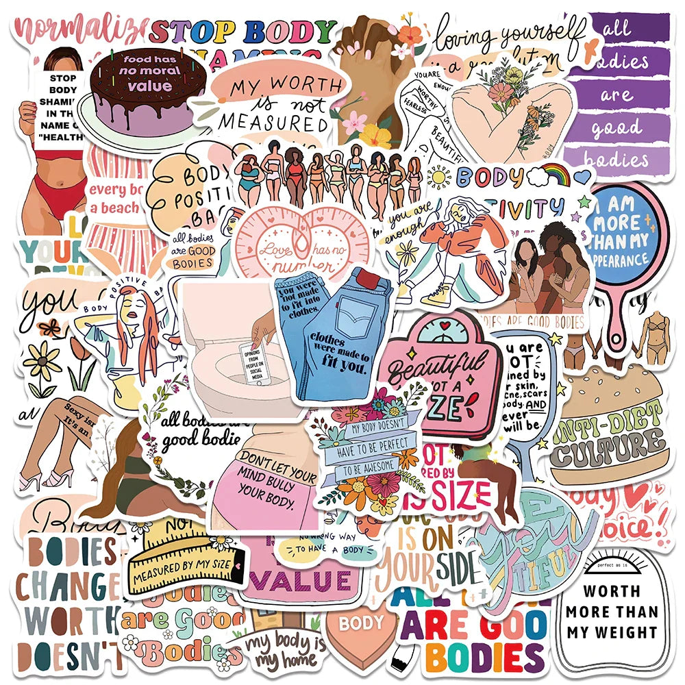 50pcs Funny Cute Cartoon Body Positivity Stickers For Laptop Water Bottle Luggage Notebook Waterproof Graffiti Vinyl Decals (ONLINE ORDER ONLY)