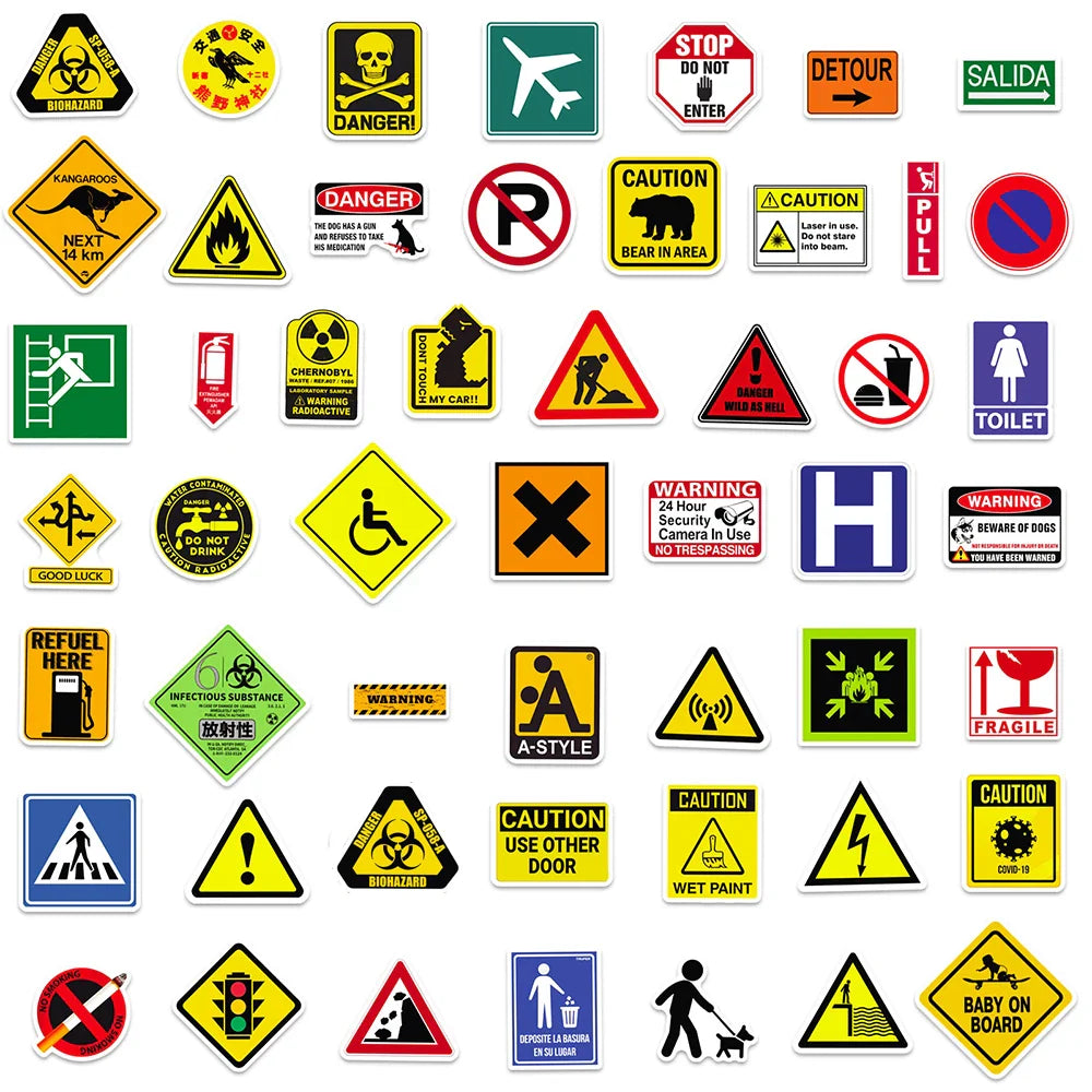 10/30/50/100pcs Cool Warning Sign Graffiti Stickers  Danger Banning Decals Motorcycle Laptop Skateboard Phone Waterproof Sticker (Online Order Only)