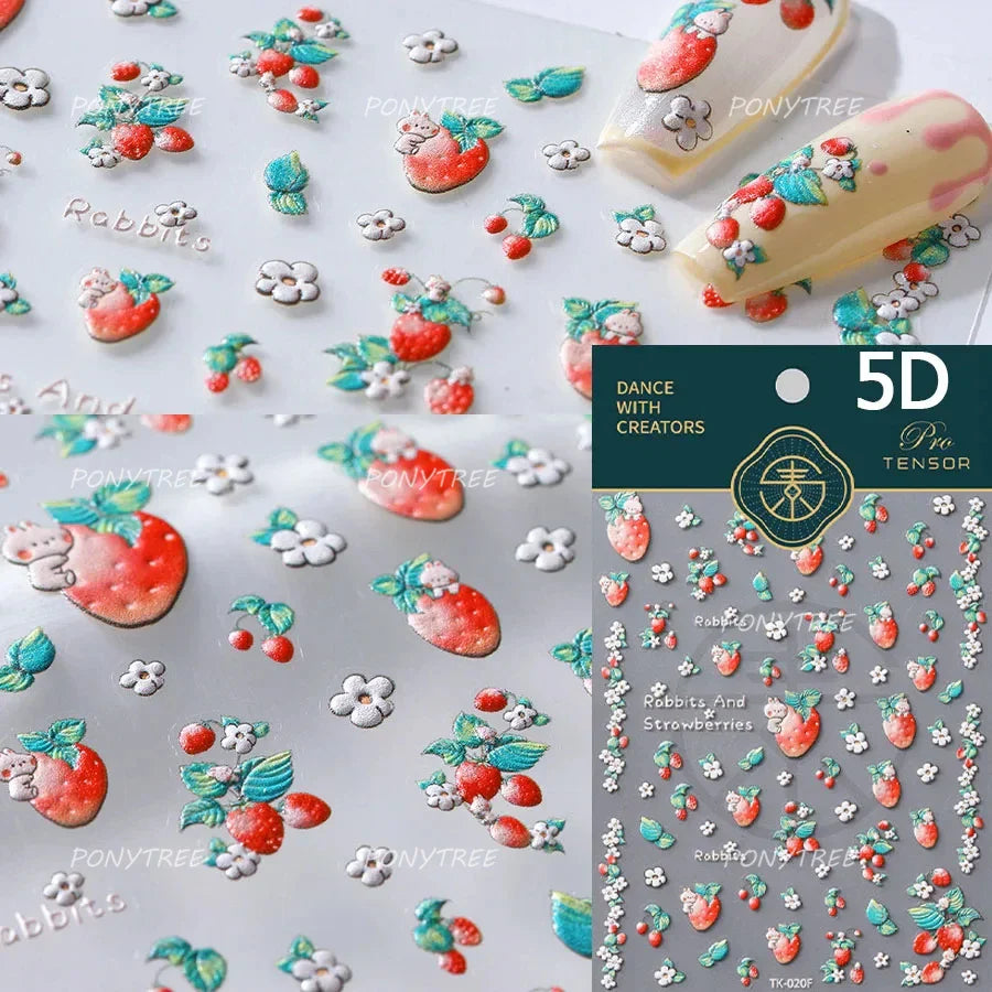 Cute Pink Strawberry Bowknot Star Lesbian Ribbon Fluttering Fruit Rhinestone Relief Adhesive Nail Art Stickers Manicure Decals (ONLINE ORDER ONLY)