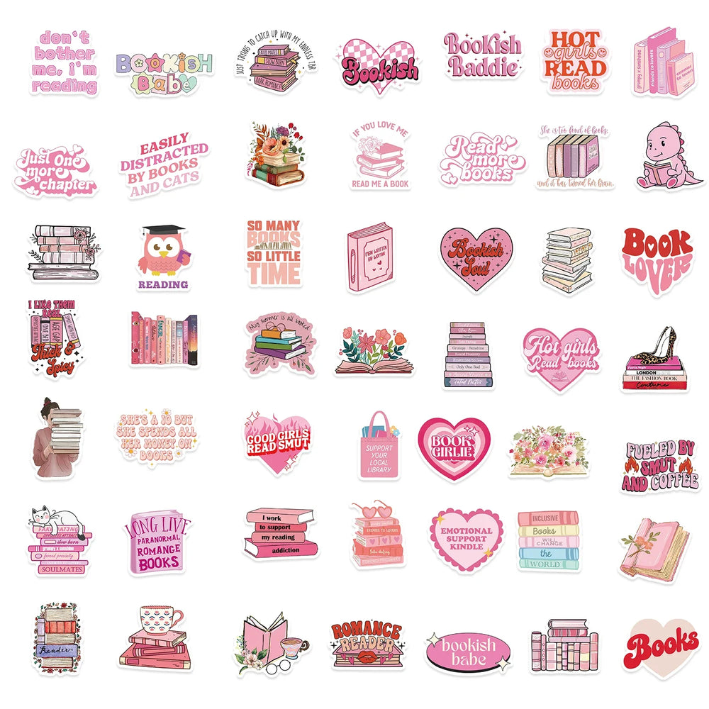50/52pcs Romance Bookish Spice Reader Stickers Pink Girl Cartoon Decals Aesthetic Decals Phone Laptop Diary Sticker Kids Toys (ONLINE ORDER ONLY)