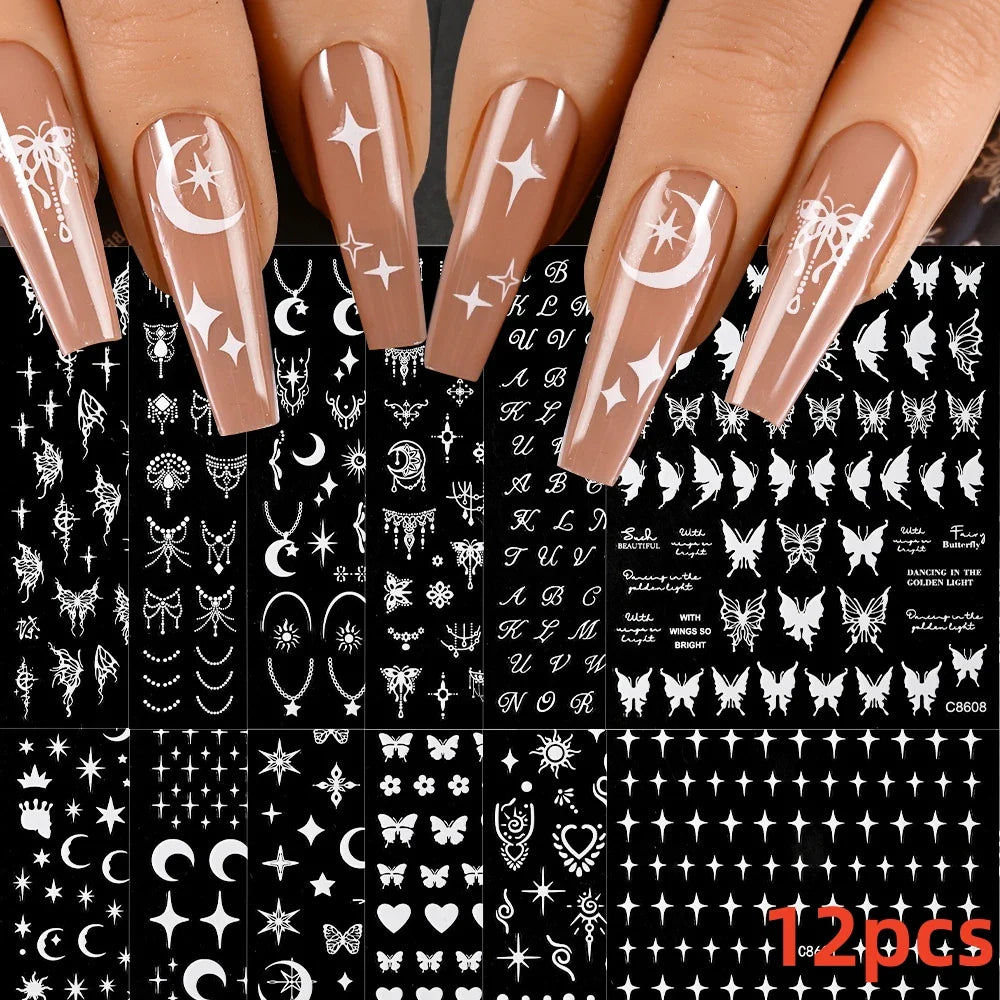 12PCS White Flowers Leaves 3D Nail Stickers Star/Moon/Sun Nail Art Decoration Decals Geometric Flower Stickers Nail Art Supplies (ONLINE ORDER ONLY)