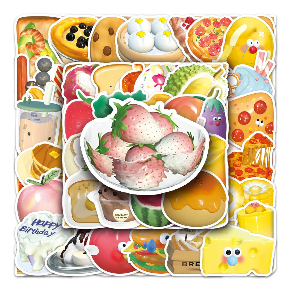 50Pcs 3D Cartoon Food Waterproof Vinyl Stickers for Skateboard Snowboard (ONLINE ORDER ONLY)