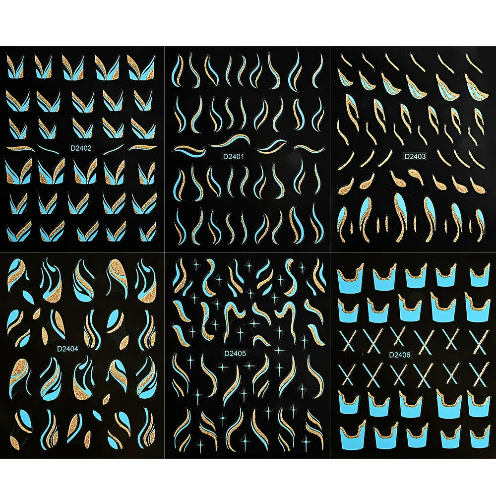 6pcs/Set Blue Gold Glitter French Design 5D Nail Stickers Curve Lines Swirls Wave Nail Sliders Reflective Flakes Decals Manicure (ONLINE ORDER ONLY)