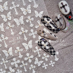 Black White Pearl Lace Butterfly Cross Retro Figure Flower Symmetric Self Adhesive Nail Art Stickers  Manicure Decals Wholesale (ONLINE ORDER ONLY)