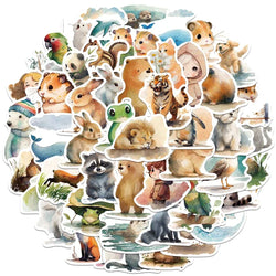 50pcs Cute Cartoon Watercolor Animals Stickers Vinyl Laptop Decals Luggage Water Bottle Notebook Waterproof Graffiti (ONLINE ORDER ONLY)