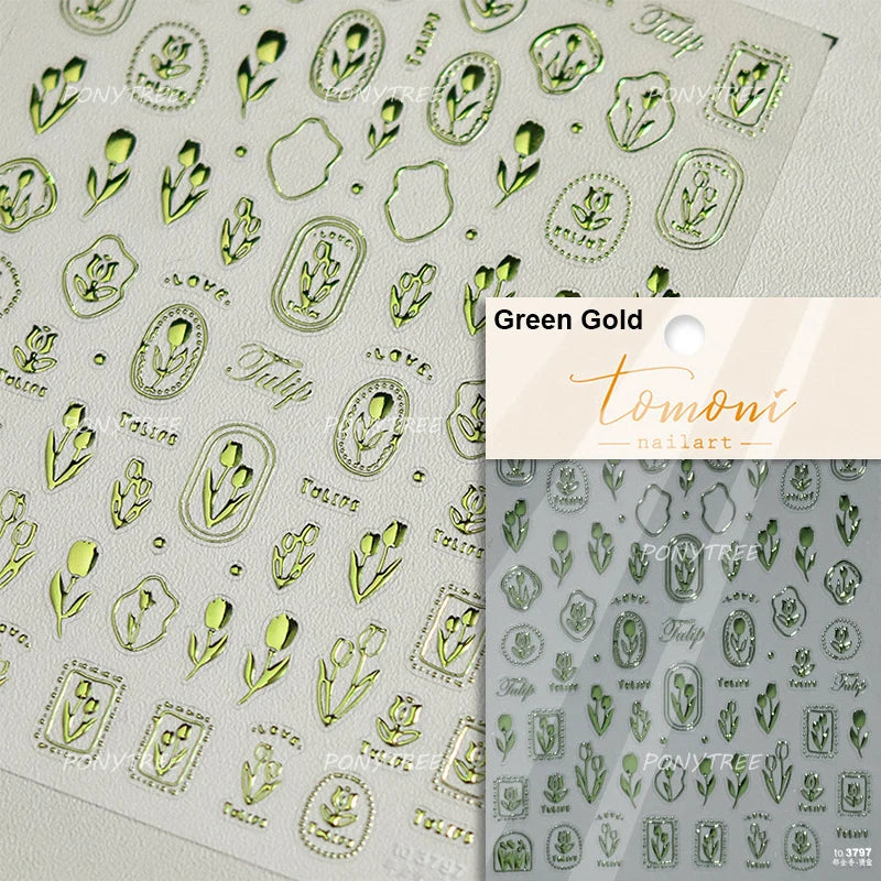 Golden Border Tulip Bloom Flower Bowknot Geometric Frame Metal Workmanship Charming Adhesive Nail Art Sticker Manicure Decals (ONLINE ORDER ONLY)