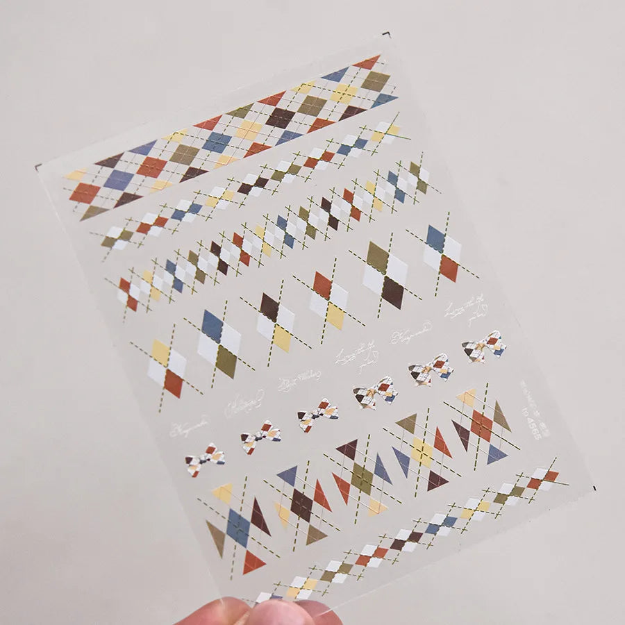 French Style Colorful Square Grid Rhombus Stripe Bowknot Line 3D Self Adhesive Nail Art Stickers Shiny Rhinestone Manicure Decal (Online Order Only)