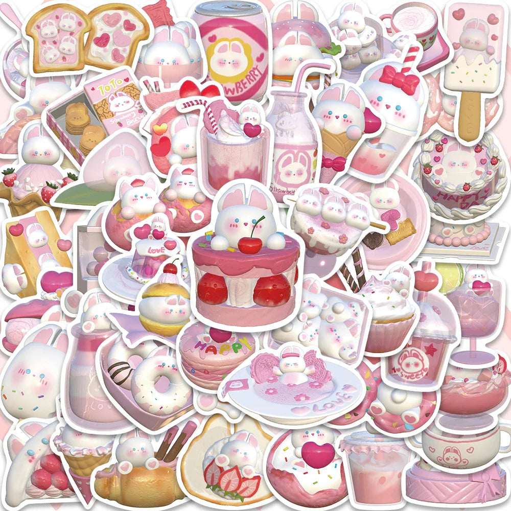 50PCS Cute 3D Pink Strawberry Rabbit Stickers for Laptop, Phone, Scrapbook, Luggage (ONLINE ORDER ONLY)