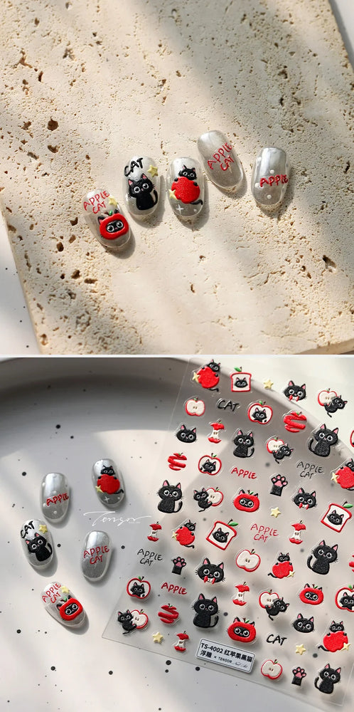 Cute Lovely Red Apple Core Black Kitten Cat's Paw Bread Slices Fruit Star Soft Relief Adhesive Nail Art Sticker Manicure Decals (ONLINE ORDER ONLY)