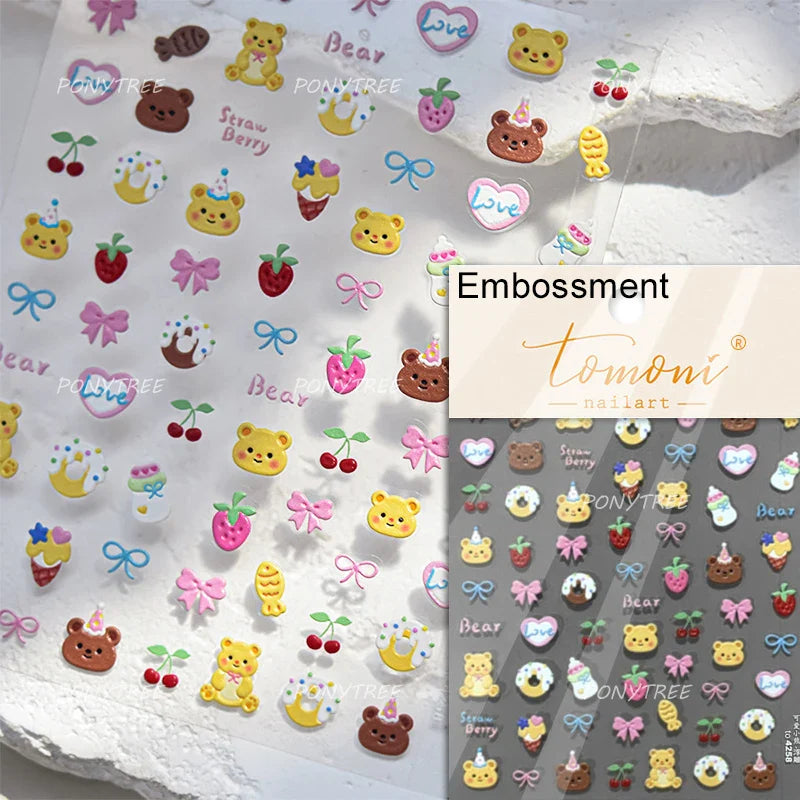 Colourful Cherry Abundant Fruits Bowknot Shiny White Line Outline Self Adhesive Nail Art Stickers Chic Rhinestone Manicure Decal (ONLINE ORDER ONLY)