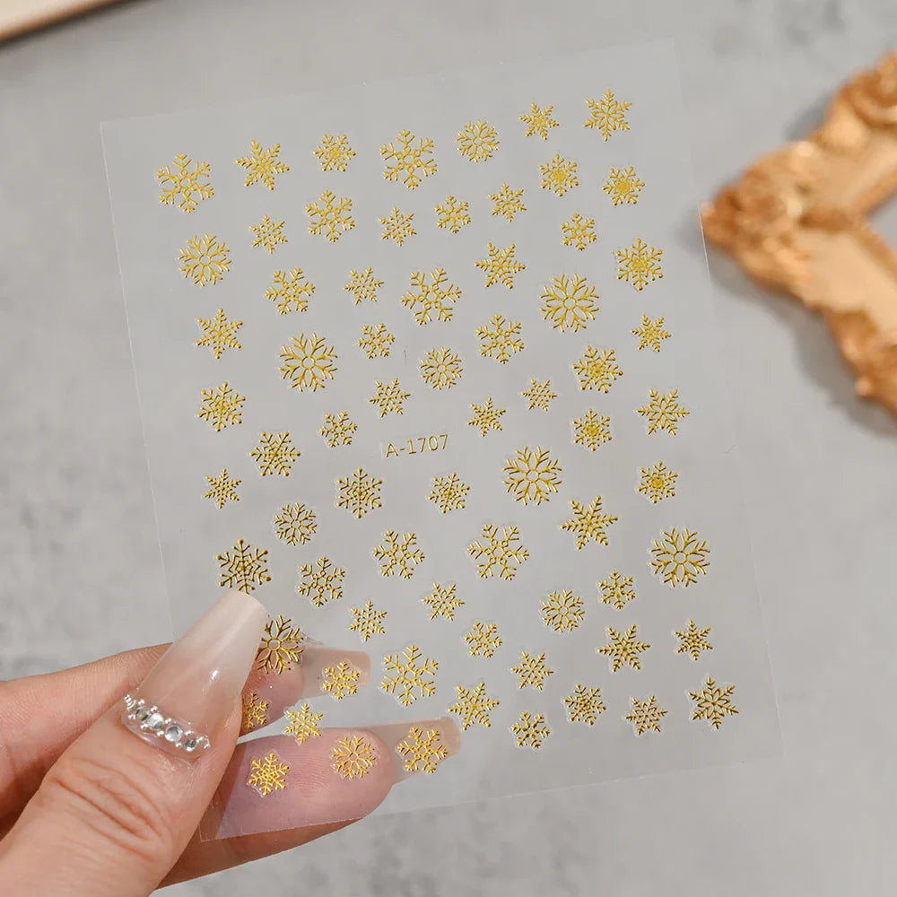 3D Gold Glitter Snowflake Nail Sticker Winter Reflective Elk Star Balloon Christmas Tree Foil Xmas New Year Decal Tips Decoratio (ONLINE ORDER ONLY)