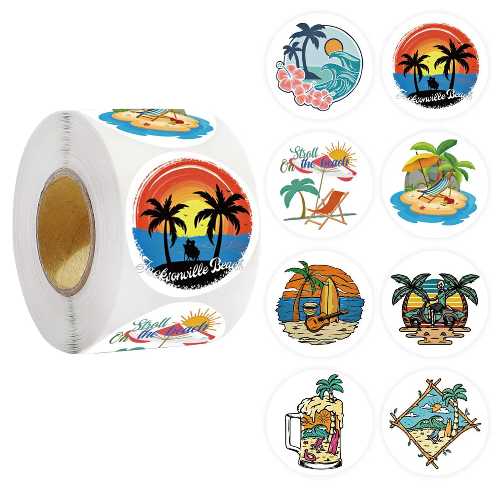 500pcs Summer Cartoon Beaches and Mushrooms Sticker Roll (Online Order Only)