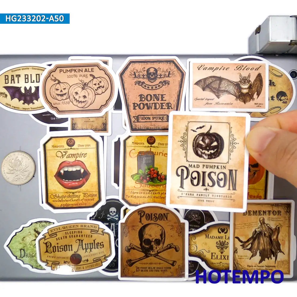 20/30/50Pieces Retro Alchemy Funny Halloween Magic Potion Label Stickers for Bottle Scrapbook Luggage Phone Laptop Sticker Toys (Online Order Only)