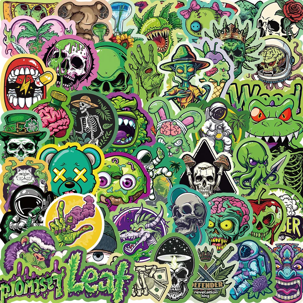50pcs Green Skull Graffiti Stickers Flower Waterproof DIY For Water Bottle Laptop Phone Skateboard For Adults Teens Sticker﻿ (ONLINE ORDER ONLY)