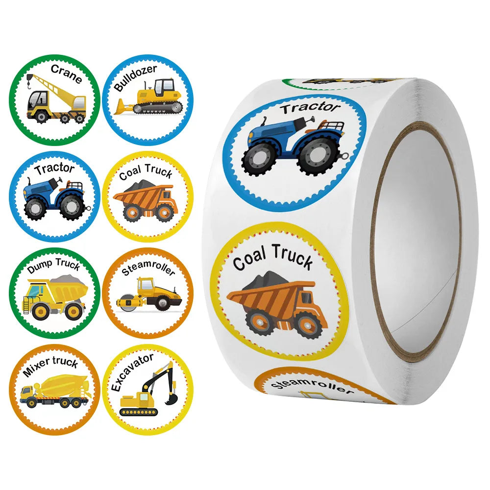 100-500Pcs 1inch Cartoon Car Aircraft Excavator Stickers Children's Toys Reward Learning English Label Stationery Gift Sticker (Online Order Only)