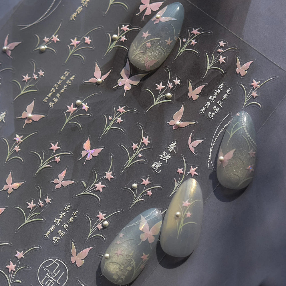 Vigorous Pink Orchid Cymbidium Antique Fragrant Thoroughwort Grass Butterfly Adhesive Nail Art Sticker Plant 3D Manicure Decals (ONLINE ORDER ONLY)