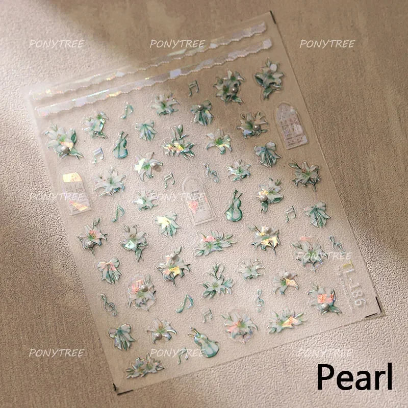 Spotless Lily Lilium Flowers Moon Pearl Crown Lily-white Pearl Necklace Pendant Self Adhesive Nail Art Stickers Manicure Decals (Online Order Only)