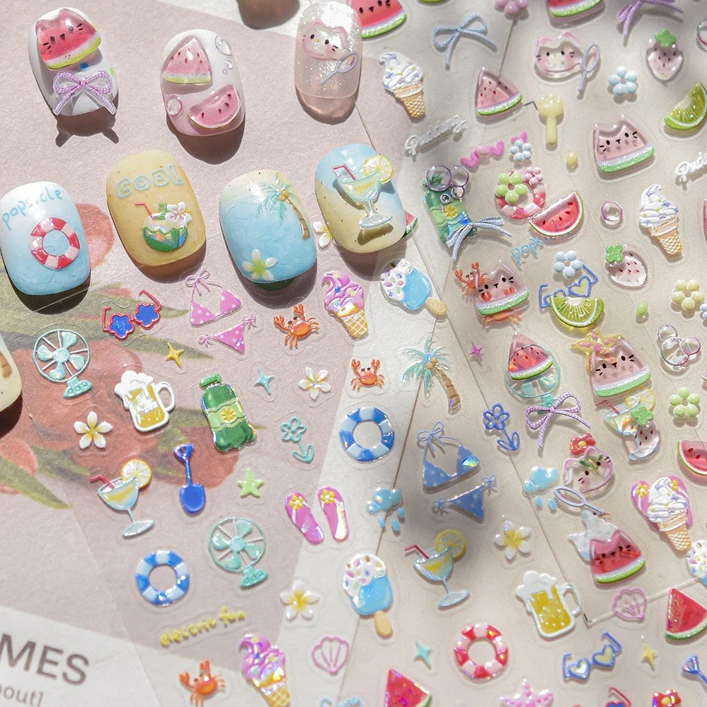 Summer Beach Bikini Watermelon Cat Popsicle Swim Ring Ice Cream Shell Coconut Tree Nail Art Decoration Stickers Manicure Decals (Online Order Only)