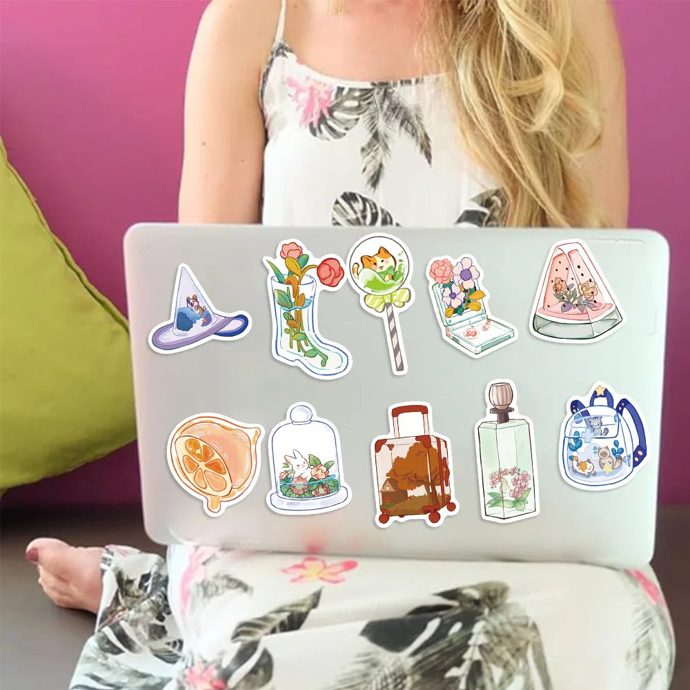 50Pcs Cute Cartoon Animals Plants Glass Stickers DIY Phone Guitar Laptop Notebook Suitcase Cup Waterproof Sticker Kids Toy﻿ (ONLINE ORDER ONLY)