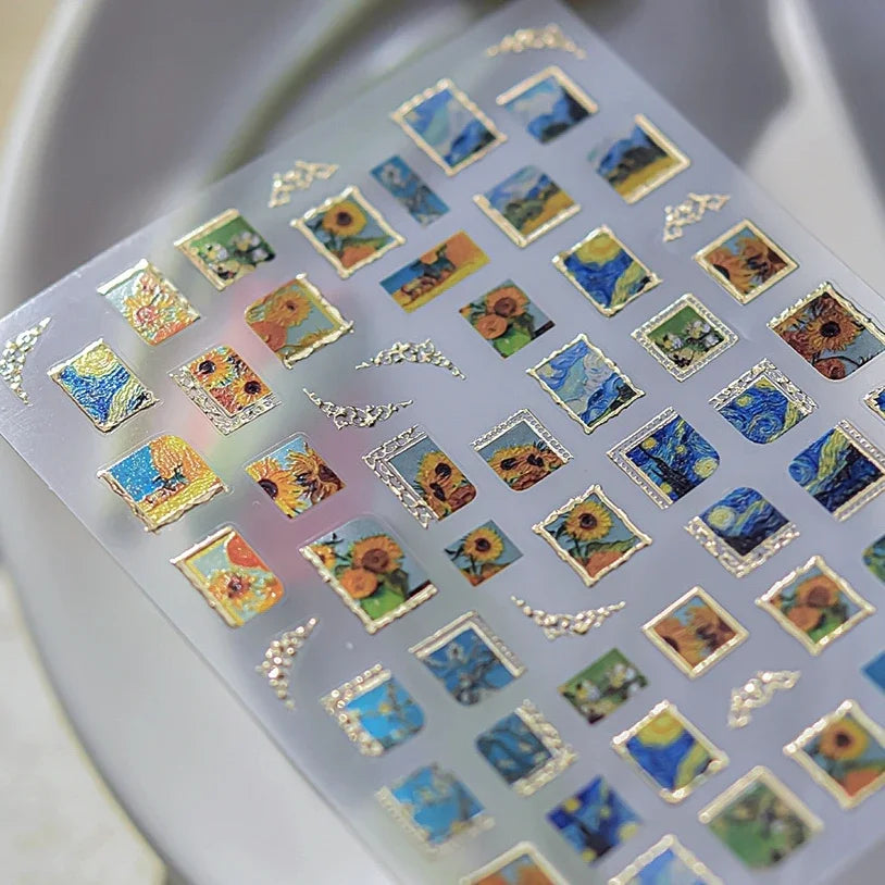 Hot Stamping Colourful Sunflower Starry Night Impressionism Embossment Adhesive Nail Art Sticker Shiny Rhinestone Manicure Decal (Online Order Only)