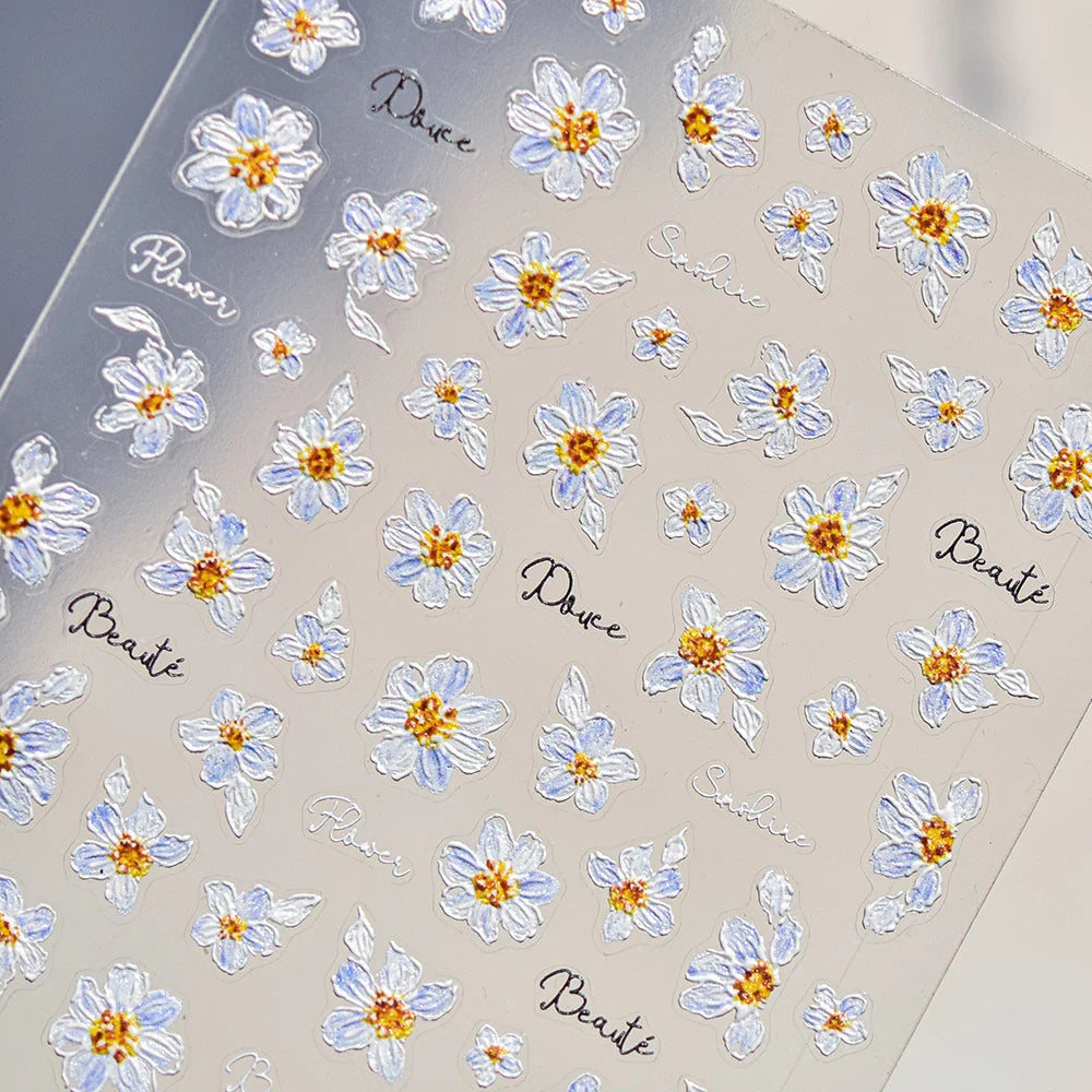 Flowers in Bloom Cosmos Chrysanthemum Daisy White Petal Yellow Stamen Self Adhesive Nail Art Decorations Sticker Manicure Decals (ONLINE ORDER ONLY)