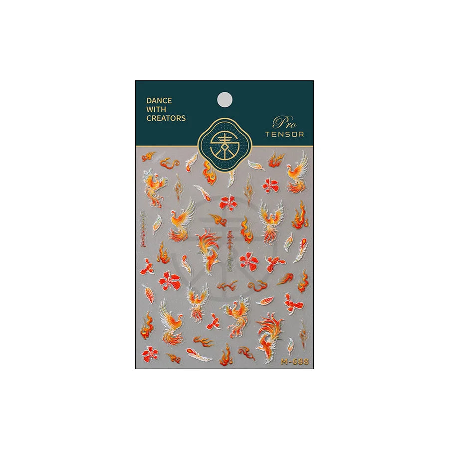 Charming Red Rose Phoenix Flower Wing Leaves Flower Feather Pearl Relief Embossed 5D Adhesive Nail Art Stickers Manicure Decals (ONLINE ORDER ONLY)