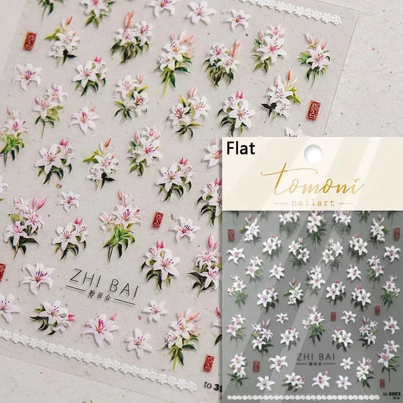 Charming Dreamy Shiny Jelly Blue Gradient Lily Flowers Rose Petal White Dot Chinese Colorful Nail Art Stickers Manicure Decals (ONLINE ORDER ONLY)