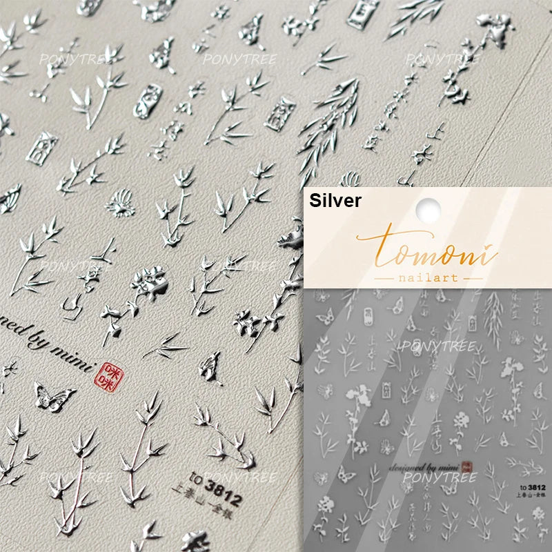 Antique Bamboo Leaf Hot Stamping Plant Botany Calligraphy Characters Self Adhesive Nail Art Stickers Rhinestone Manicure Decals (ONLINE ORDER ONLY)