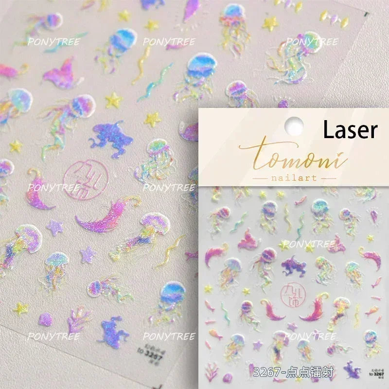 Hot Stamping Laser Shell Conch Starfish Pearl Whale Coral Dolphin Summer Beach Sea Wave Jellyfish Bubble Nail Art Stickers Decal (ONLINE ORDER ONLY)