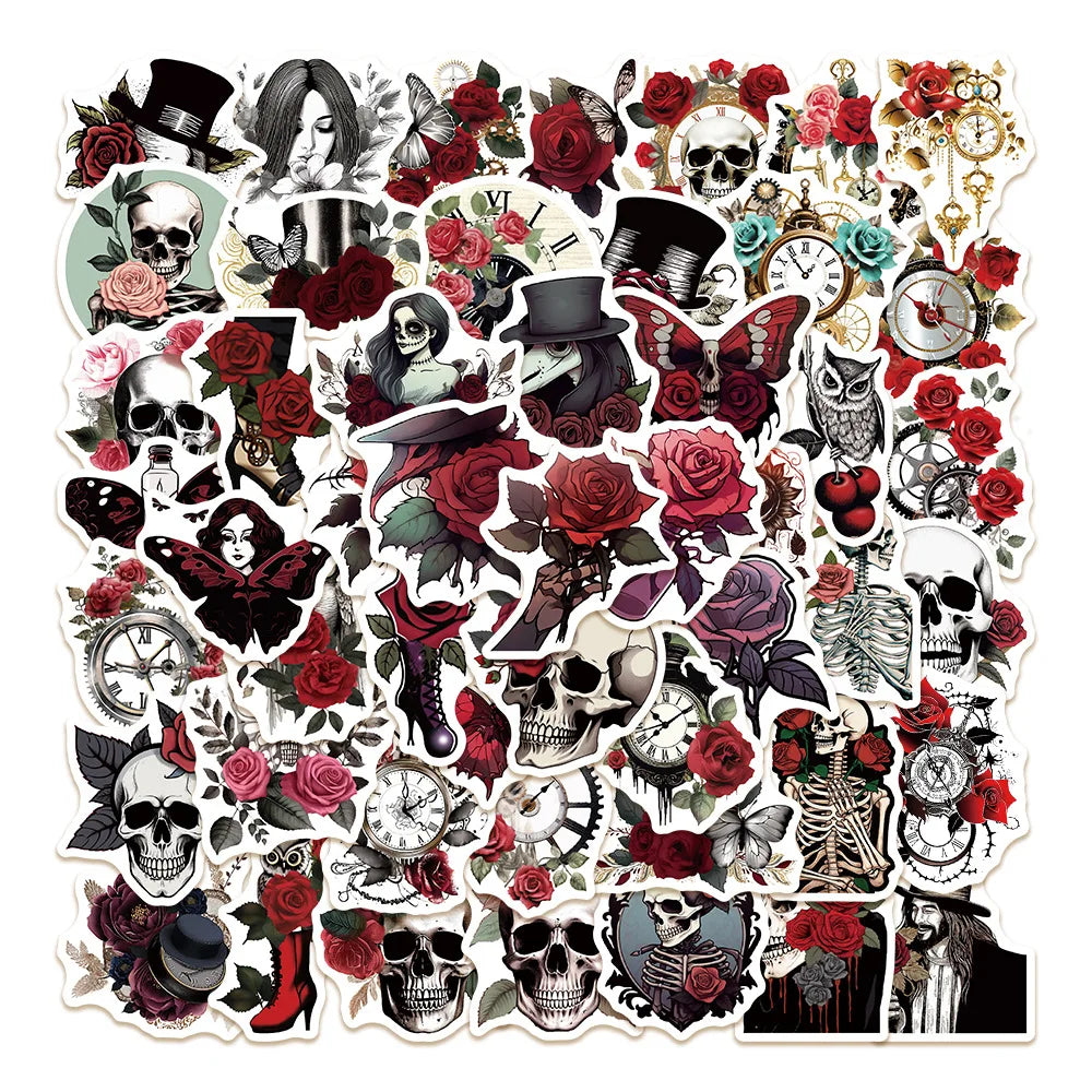 50pcs Punk Rose Skull Graffiti Stickers for Helmet, Wall, DIY Decoration (Online Order Only)