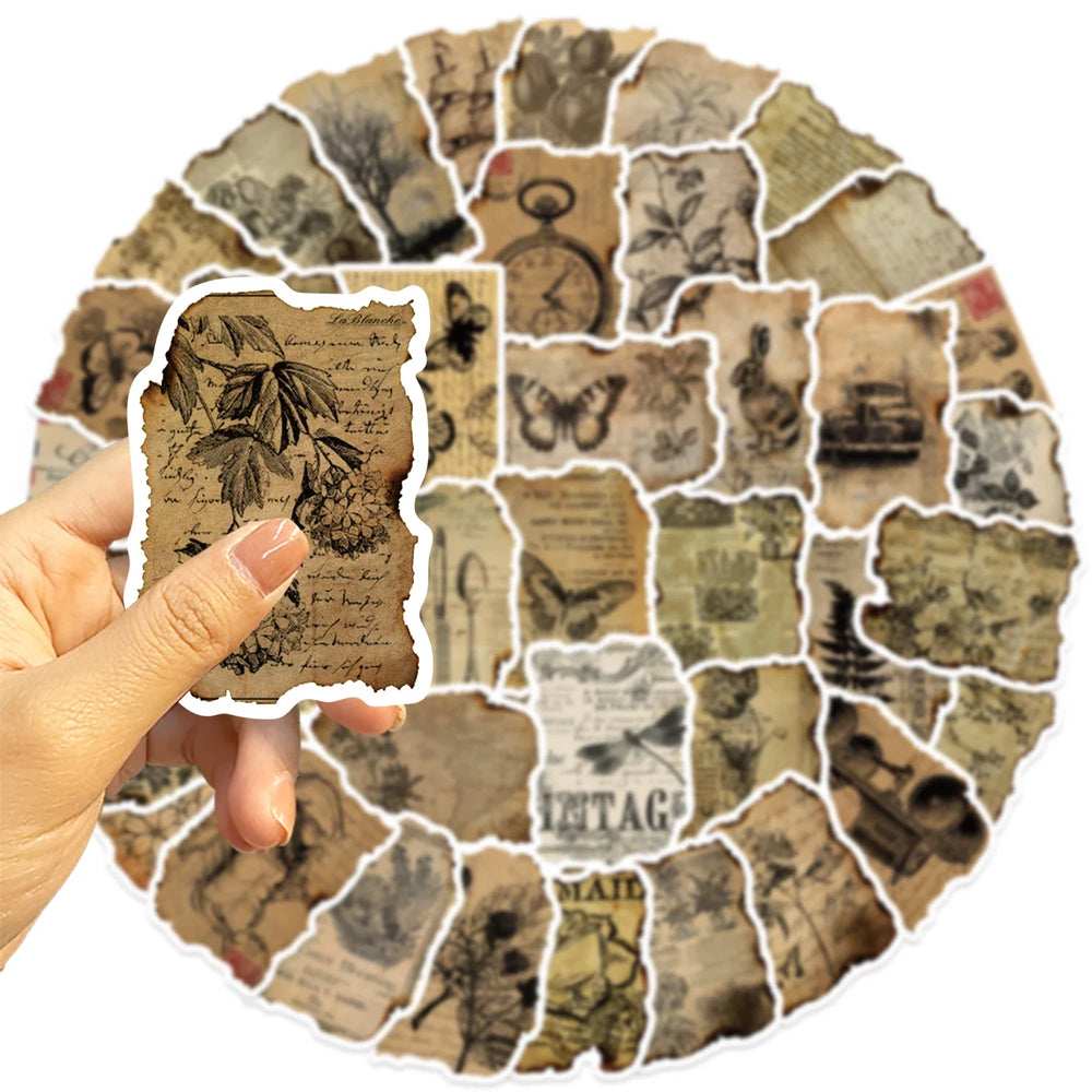 50PCS Vintage Manuscript Stickers For Hand Account Laptop Suitcase Phone Case DIY Cartoon Stickers Retro Style Graffiti Decals (ONLINE ORDER ONLY)