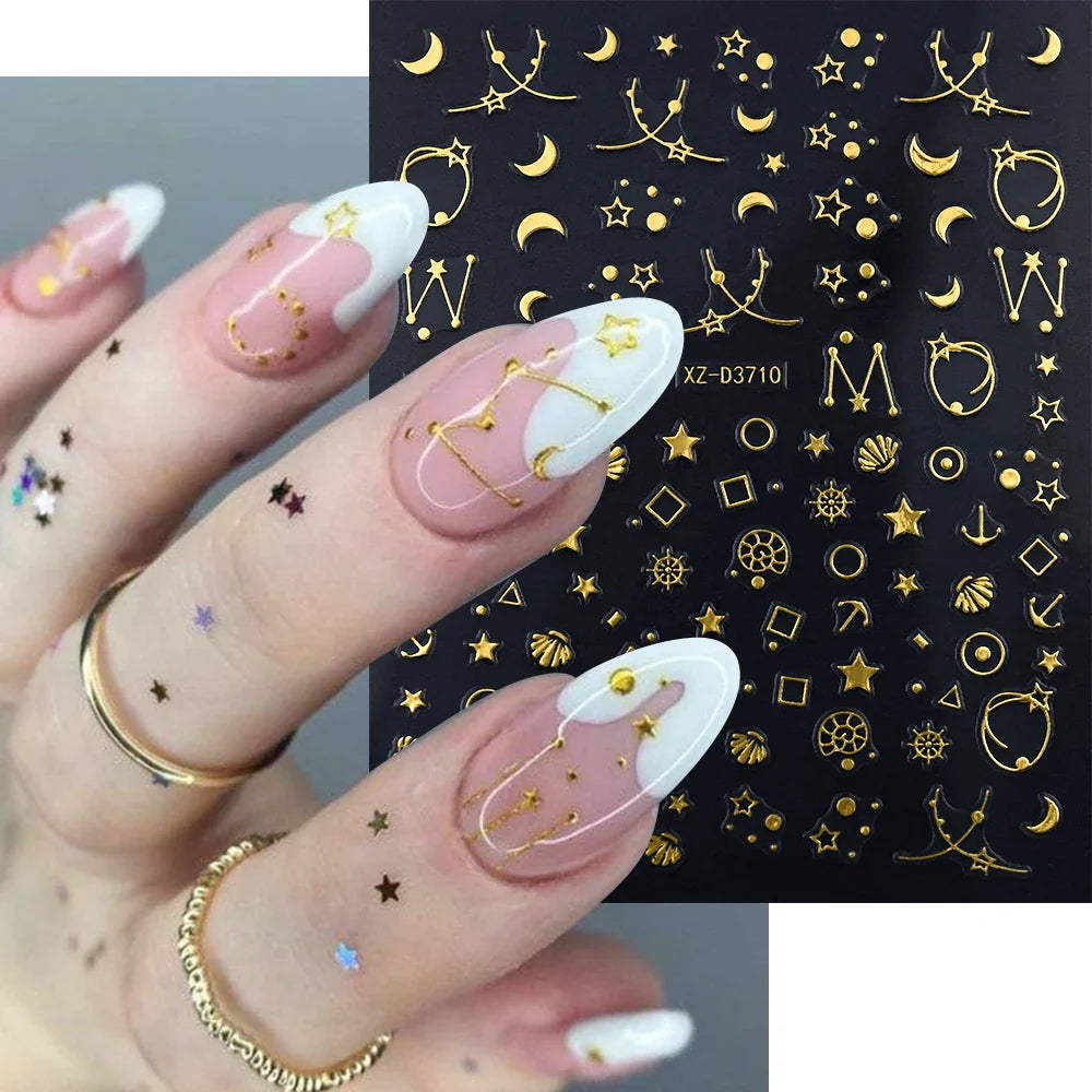 1pc 3D Gradient French Nail Stickers with Crown & Tassel Design Gold Silver Lines Self-Adhesive Nail Art Waterfall Manicure Foil (Online Order Only)