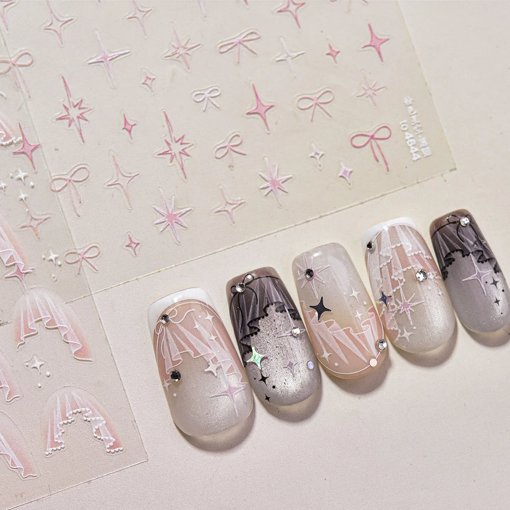 Pink Blue Bowknot Star Lace Round Dot Starburst Spot Leopard Print 3D Self Adhesive Nail Art Decorations Sticker Manicure Decals (ONLINE ORDER ONLY)