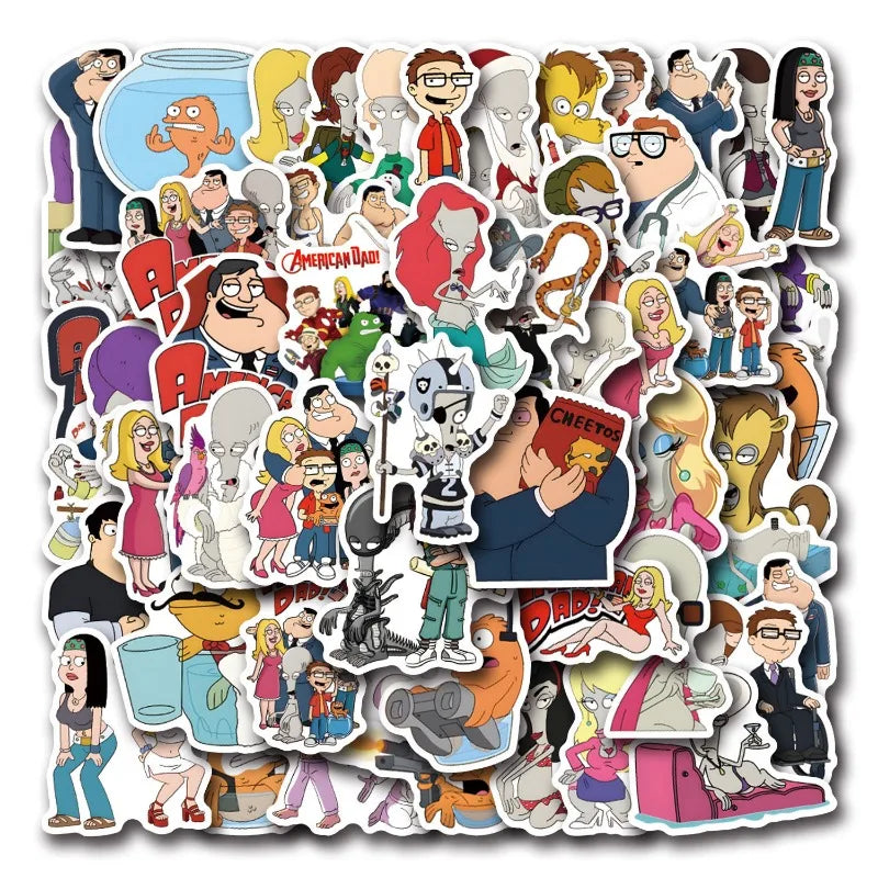 55pcs American Dad Sticker Pack for Luggage, Water Bottles, Phones, Laptops, Scooters, and More (Online Order Only)