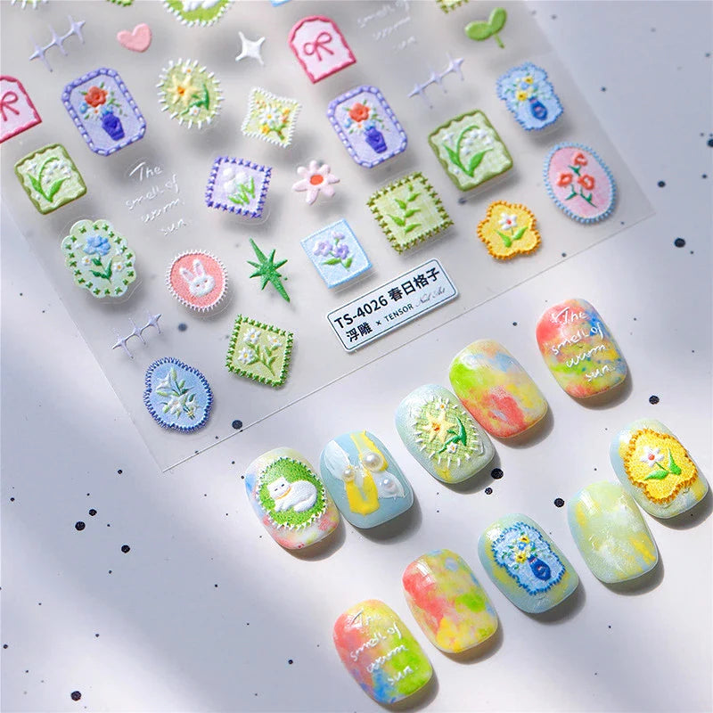 Cat Kitten Rabbit Flower Bouquet Bowknot Vase Bunny Grid Star Blocks Round Warm Sun Decoration Nail Art Stickers Manicure Decals (ONLINE ORDER ONLY)