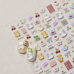 Cute Animals Bear Dog Cake Sweet Cherry Grid Bowknot Star Line Fruit Relief Self Adhesive Nail Art Stickers 3D Manicure Decals (ONLINE ORDER ONLY)
